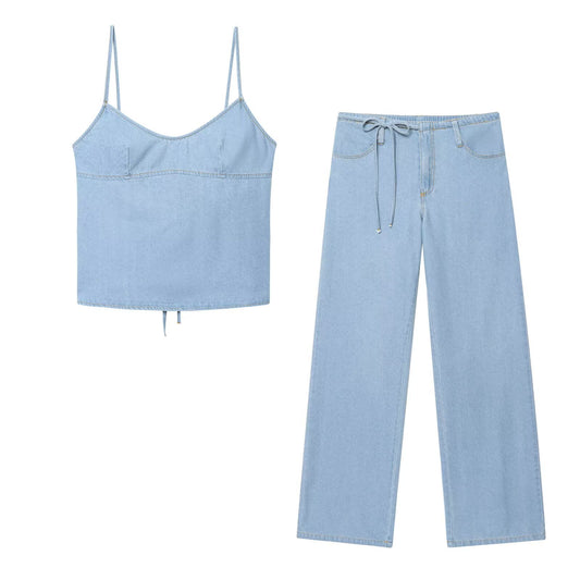 Women's Clothing Strap Bow Denim Top + Long Pants Set
