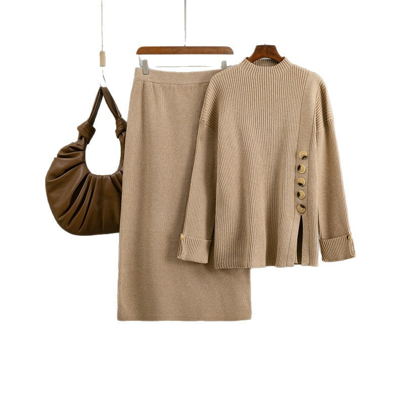 Side slit button decoration sweater half skirt two-piece set