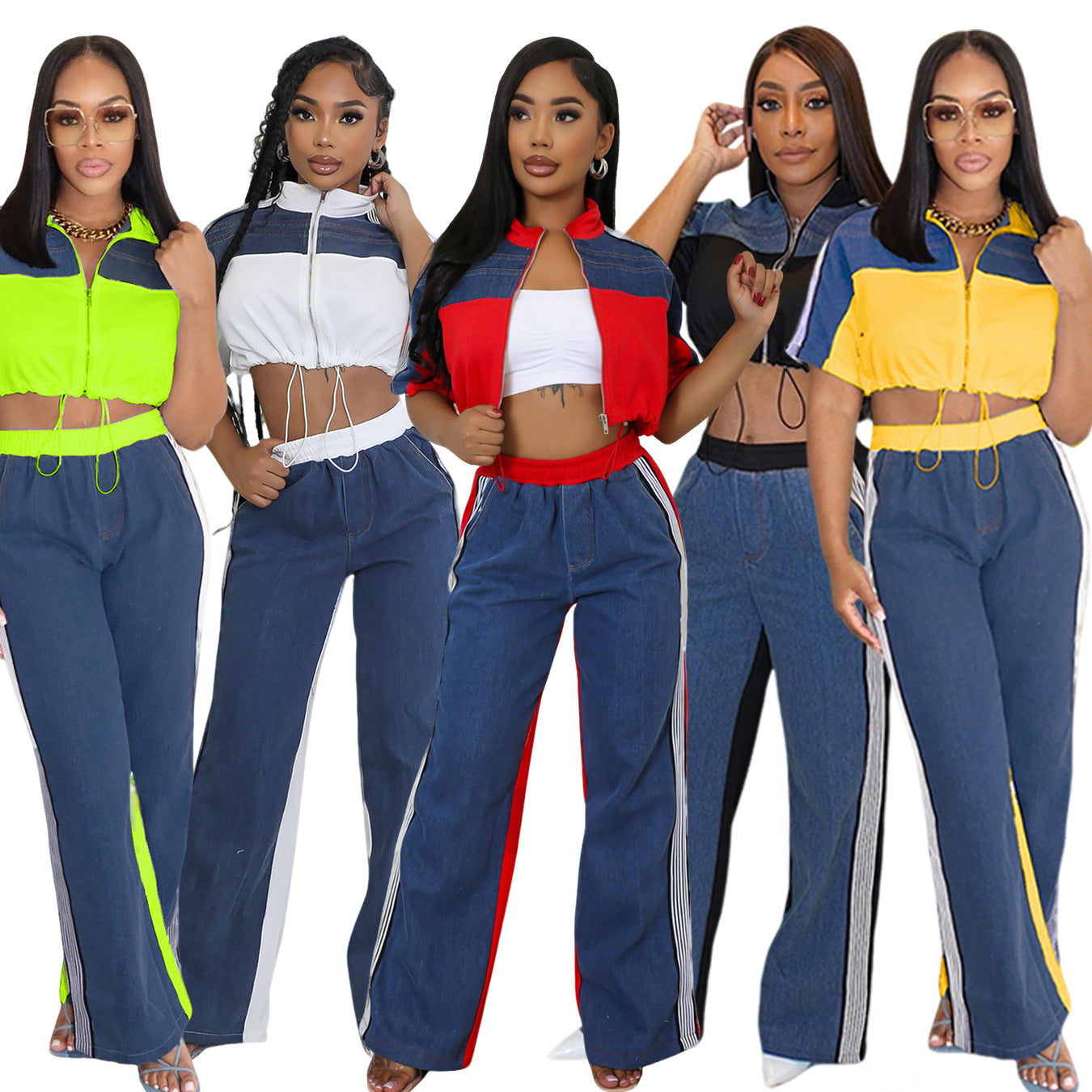 Denim Spliced Stand Collar Zipper Top with Wide-Leg Pants Set for Women