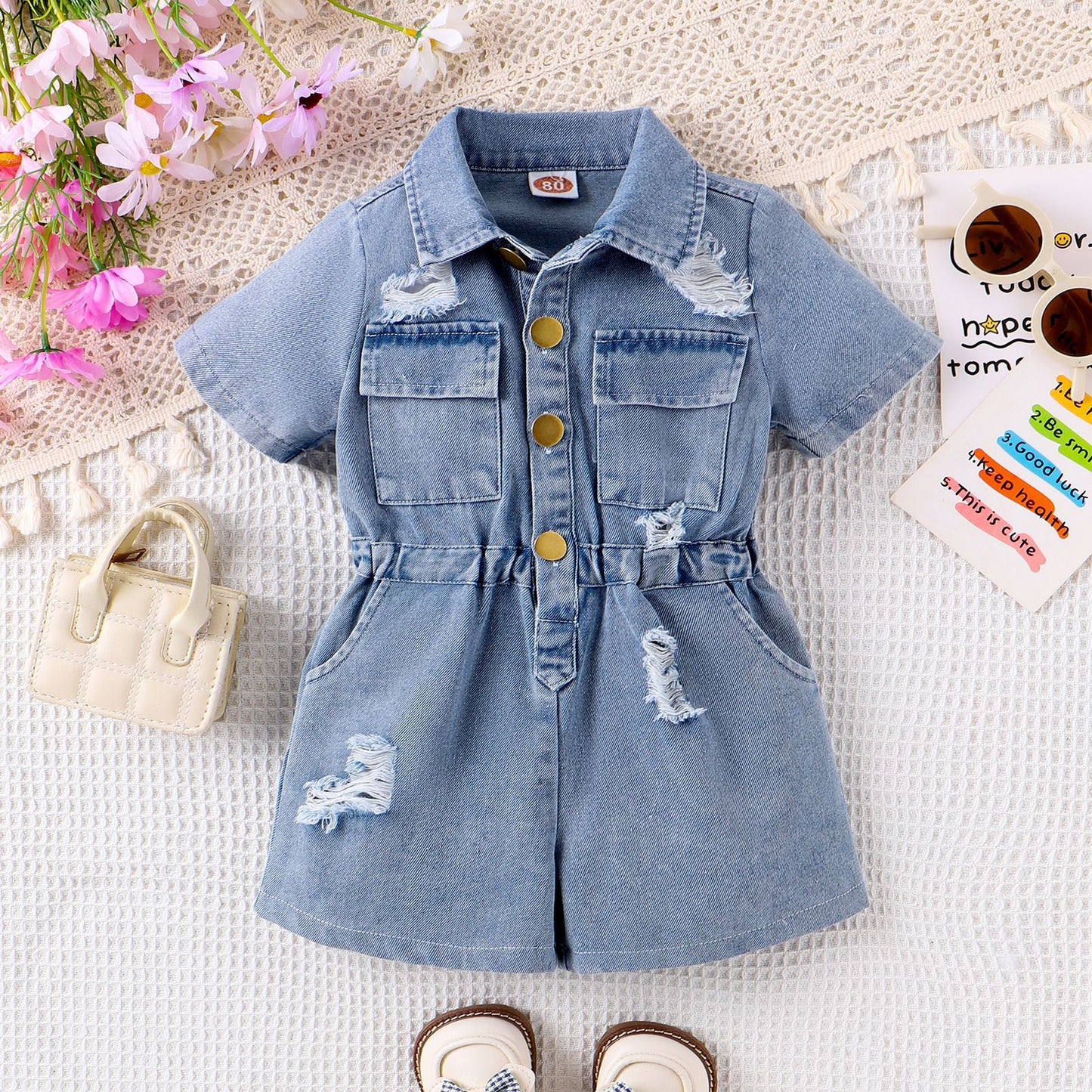 Collar ripped denim jumpsuit