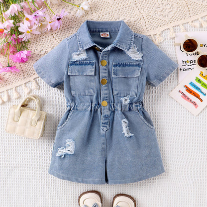Collar ripped denim jumpsuit