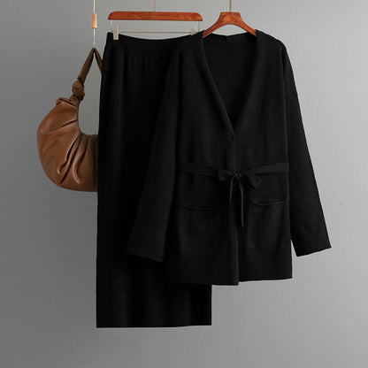 V-neck loose jacket+skirt two-piece set