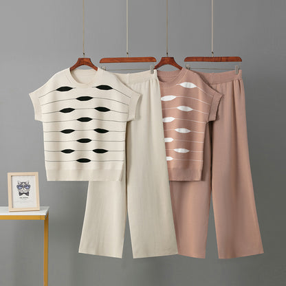 Round neck wide leg pants two-piece set