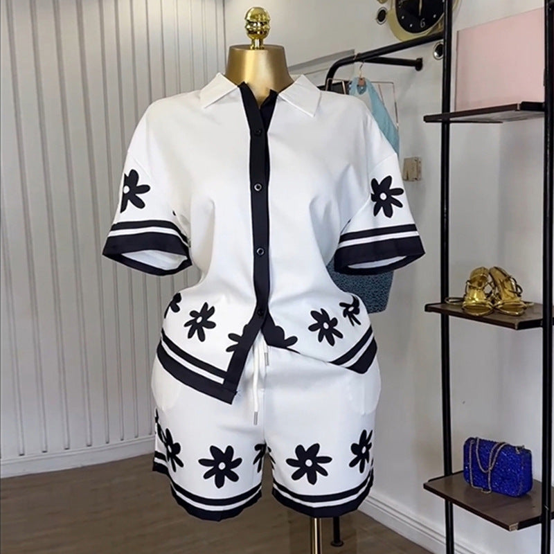 Collar color blocked printed shirt shorts set