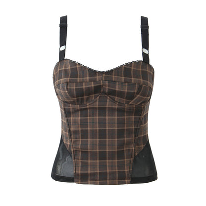 Fashion patchwork plaid top+short skirt set