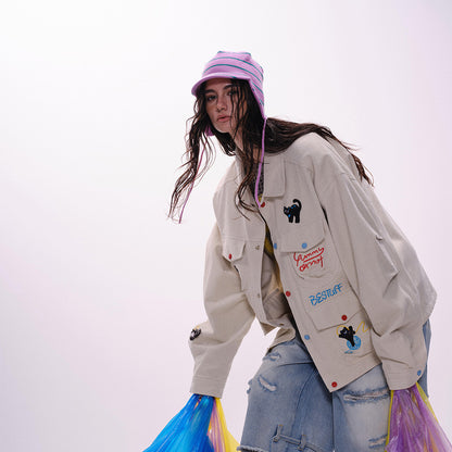 Cartoon cat embroidered multi pocket workwear jacket