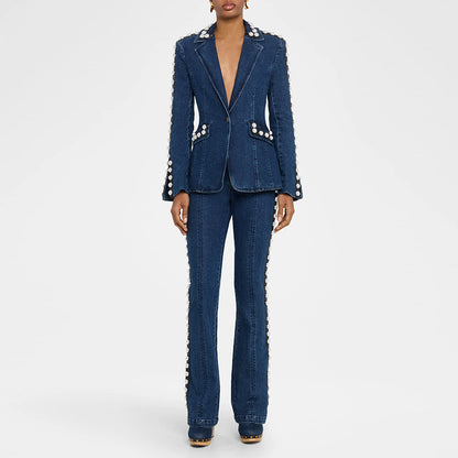 Fashionable Embroidered Washed Denim Jacket and Pants Two-Piece Set