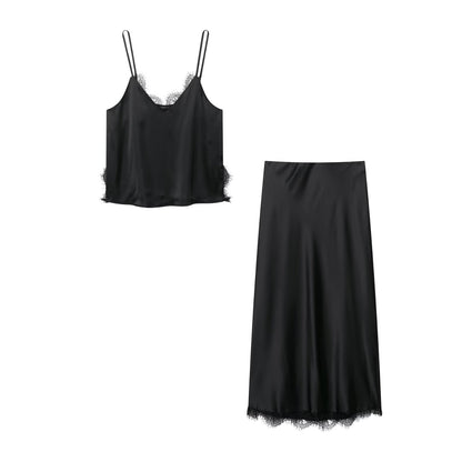 Lace trimmed top+skirt set