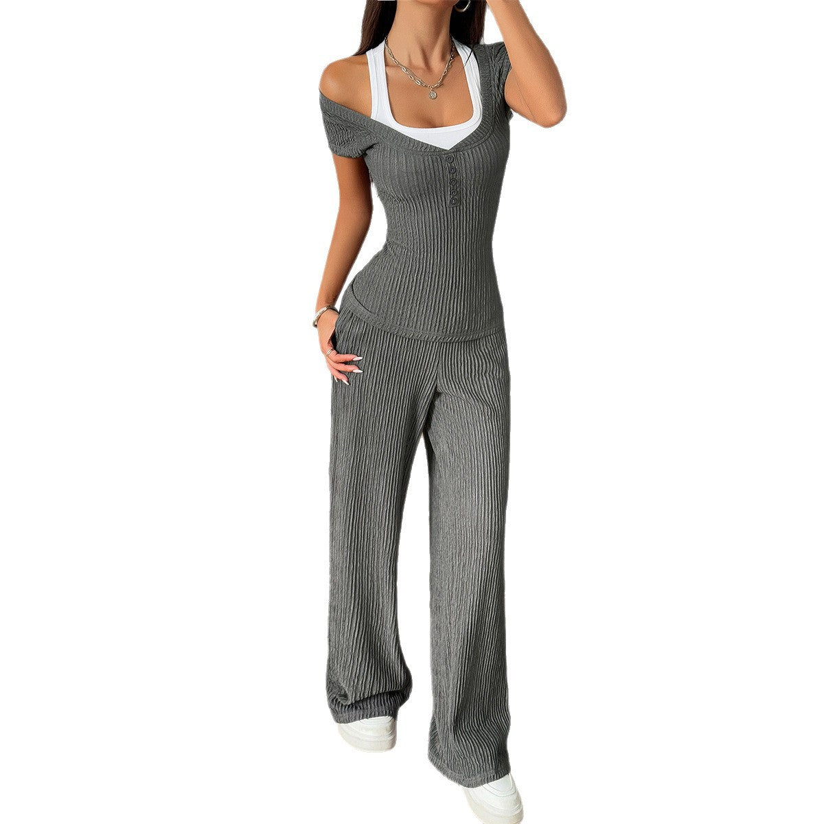 Sports style short sleeved vest straight leg pants set