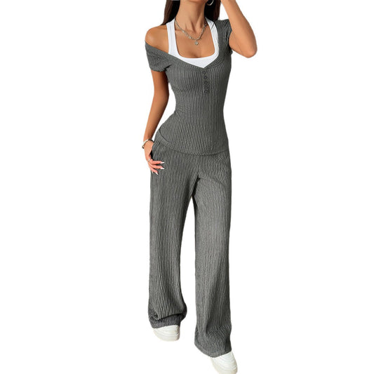 Sports style short sleeved vest straight leg pants set