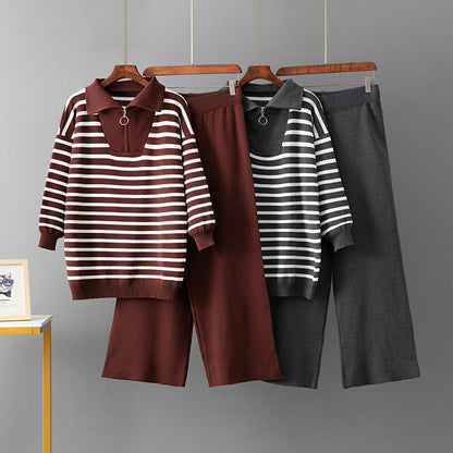 Striped sweater set, women's loose two-piece set