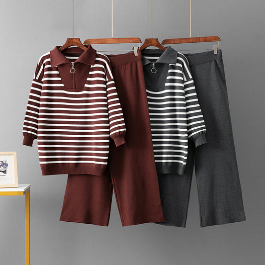 Striped sweater set, women's loose two-piece set