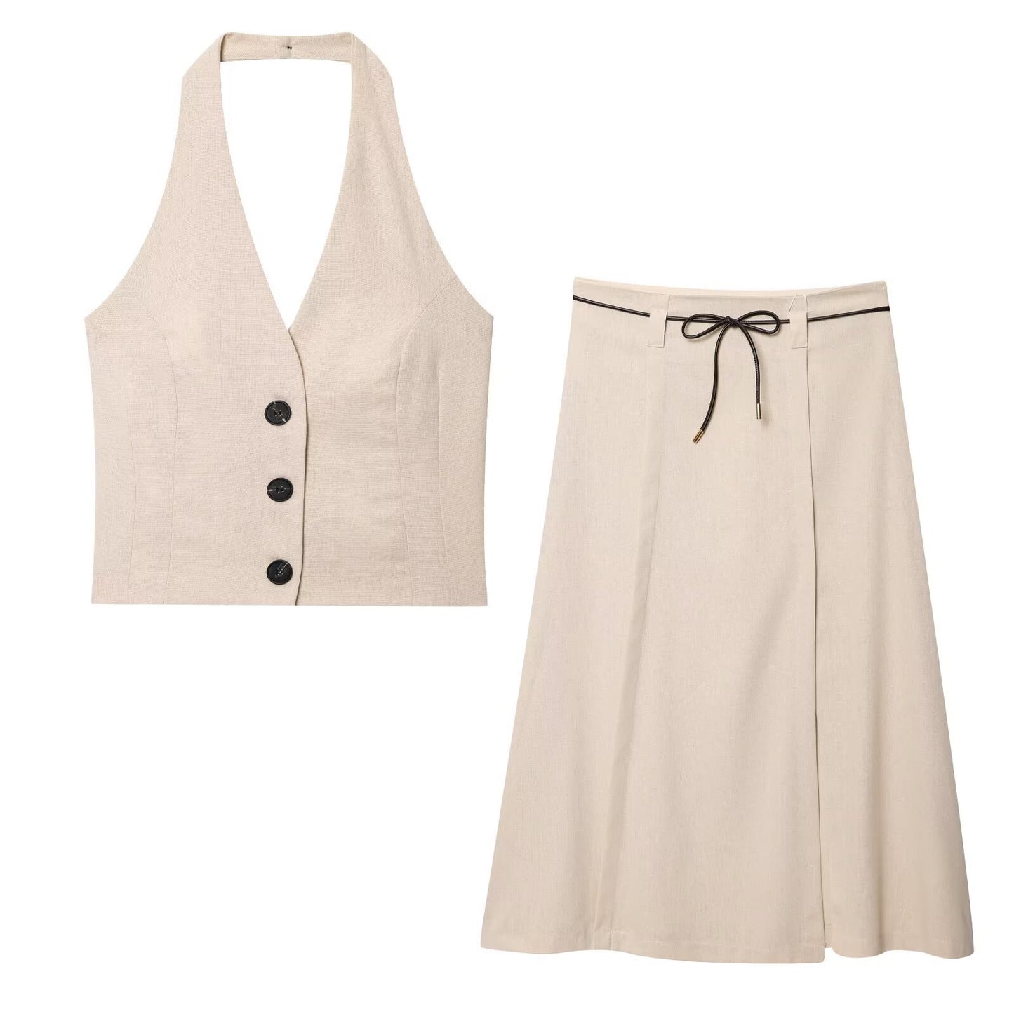 Women's Linen Halter Neck Top + Belted Midi Skirt Set