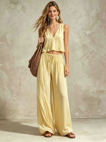 V-neck solid color sleeveless camisole top wide leg pants set