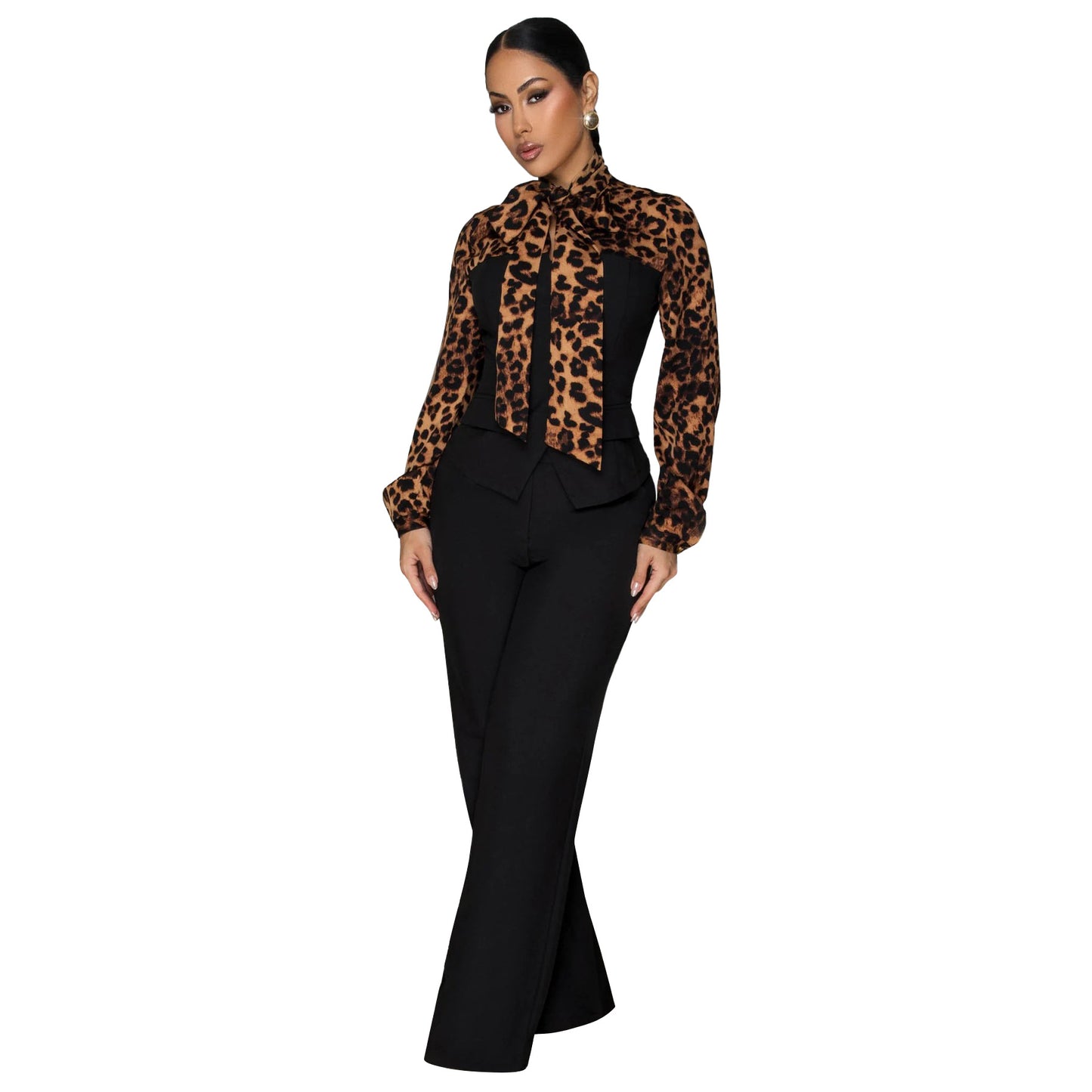 Women's leopard print collar shirt set