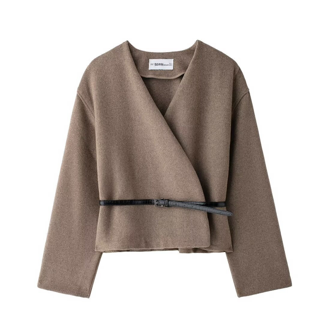 V-neck long sleeved jacket with belt and soft jacket for women