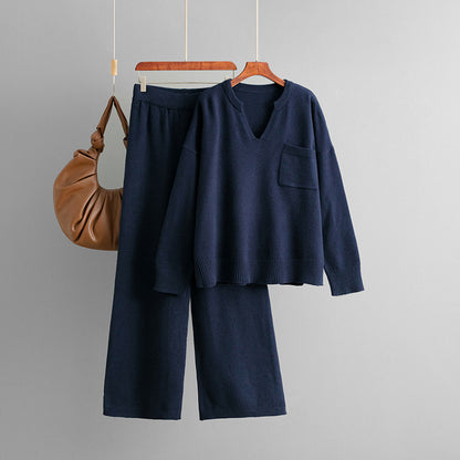 V-neck loose solid color split sweater two-piece set