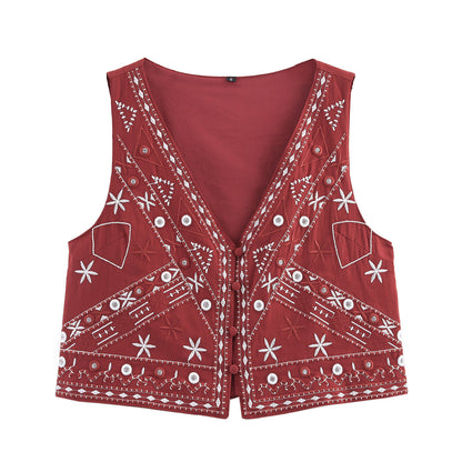 Women's Clothing Mirror Effect Decorative Embroidery Vest + Shorts Set