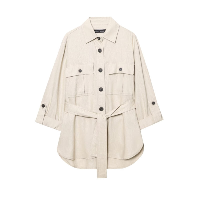 Spring New  Fashion Linen Blend Safari Shirt and Long Pants Set