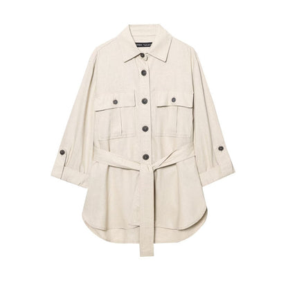 Spring New  Fashion Linen Blend Safari Shirt and Long Pants Set