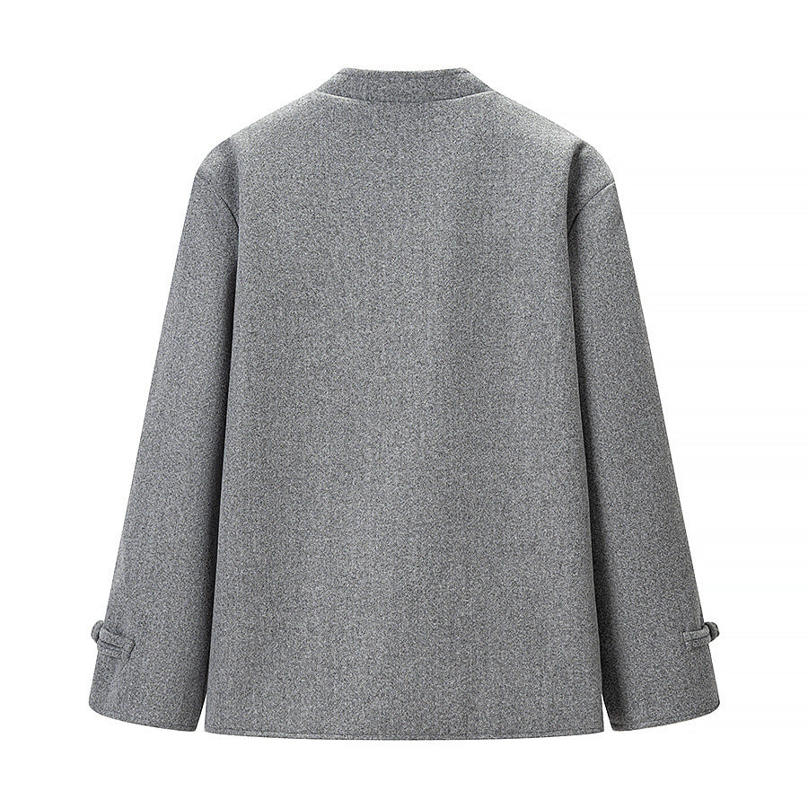 Commuting style buttoned woolen long sleeved jacket