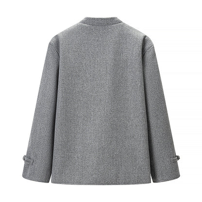Commuting style buttoned woolen long sleeved jacket