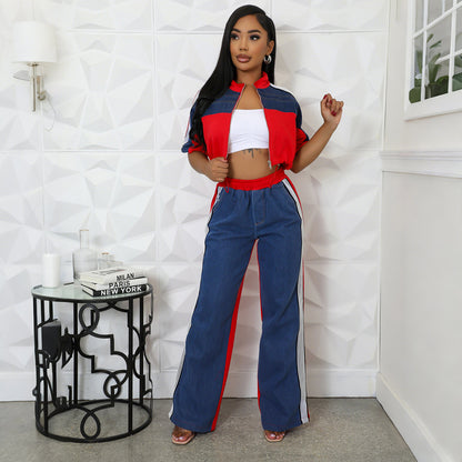 Denim Spliced Stand Collar Zipper Top with Wide-Leg Pants Set for Women