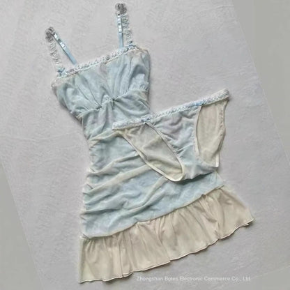 Spliced Lace Summer Waist-cinching Slimming Strapless Dress and Panty Set