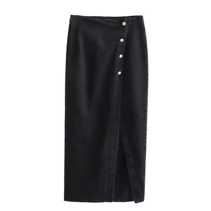 Women's Fashion Short Denim Vest + Double-Breasted Midi Skirt Set