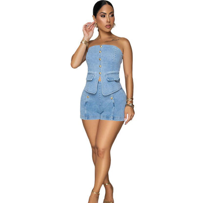 Women's Casual Denim Pants Set Fashion Metal Button Crop Top High Waist Shorts