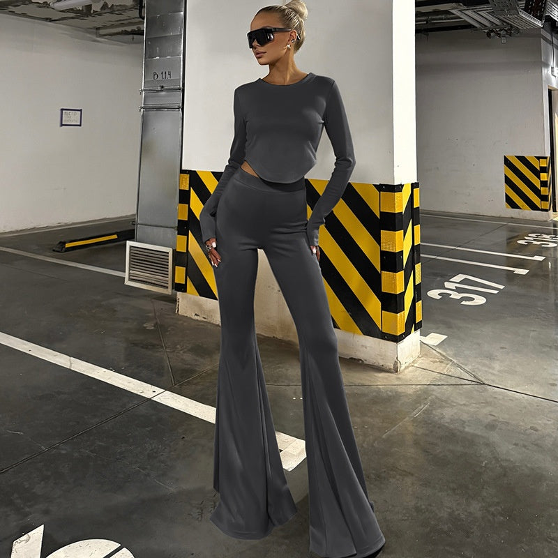 Women's Elegant Fitted Long Sleeve Top and Flare Pants Set