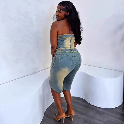 Women's Fashion Denim Set with Raw Hem Crop Top and High-Waisted Denim Shorts
