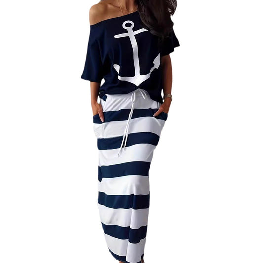 Women's Two-Piece Set Off-Shoulder Nautical Anchor Skirt Set