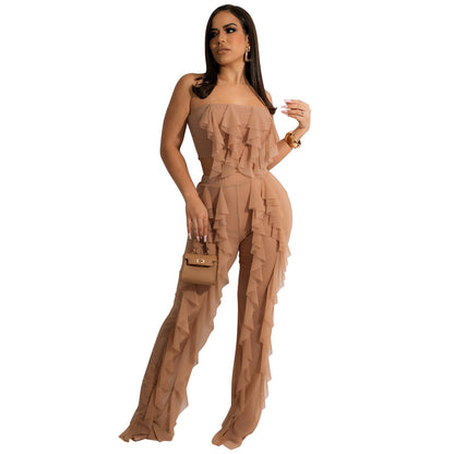 Solid color strapless patchwork pants set