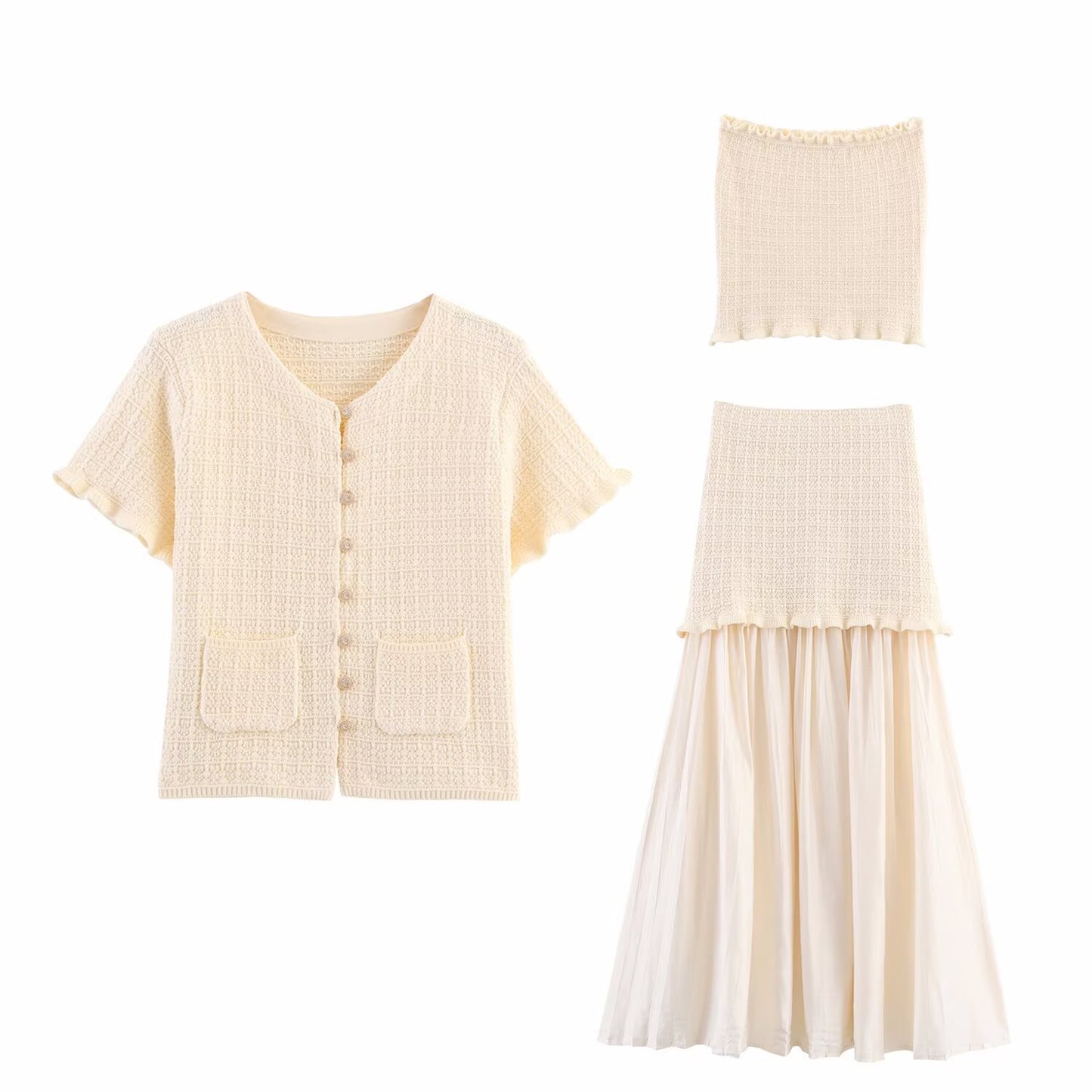 Women's Knit Jacket + One-Shoulder Tube Top + Patchwork Dress Set