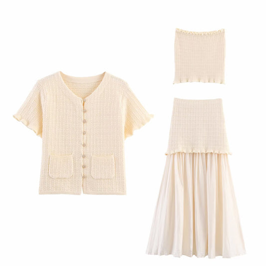 Women's Knit Jacket + One-Shoulder Tube Top + Patchwork Dress Set