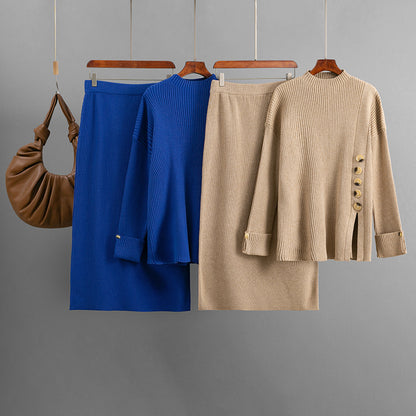 Side slit button decoration sweater half skirt two-piece set