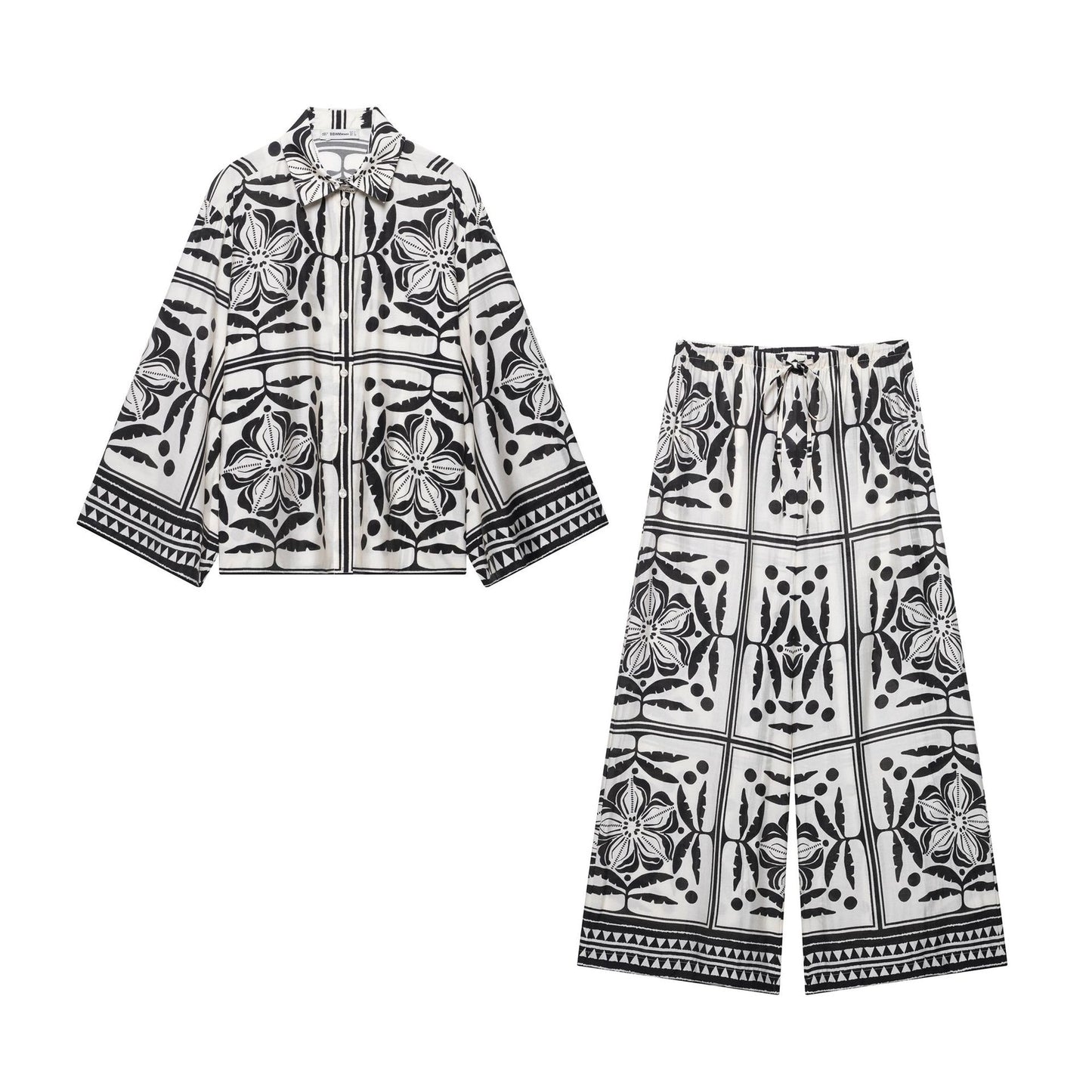 Women's Loose Fit Printed Shirt + Drawstring Wide Leg Pants Set