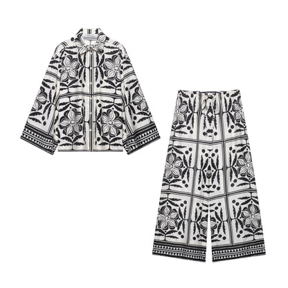 Women's Loose Fit Printed Shirt + Drawstring Wide Leg Pants Set