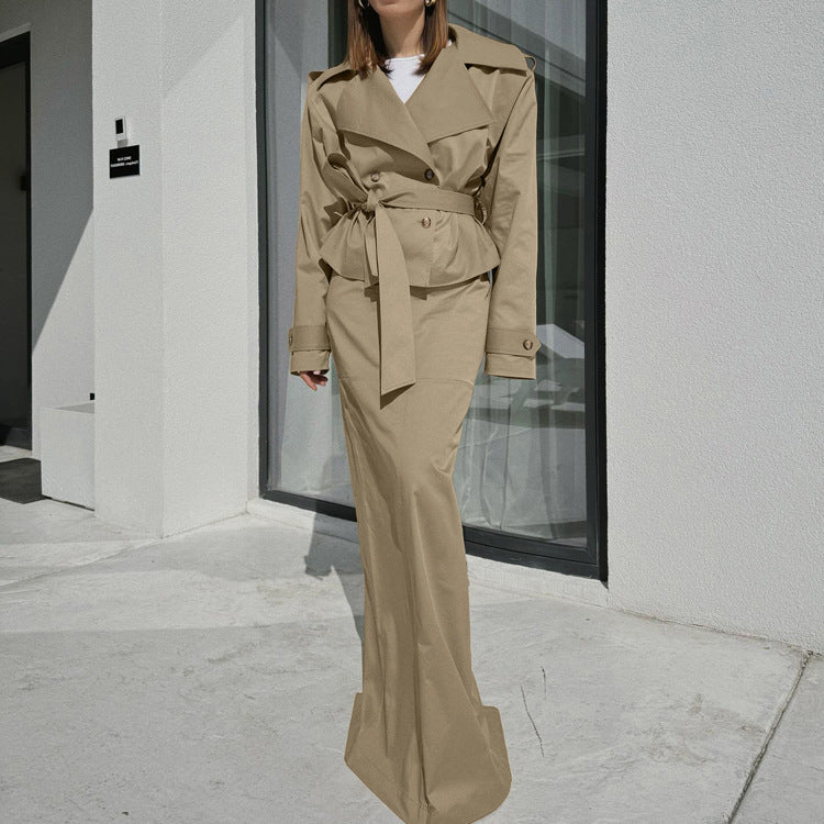 Flip collar long sleeved windbreaker jacket two-piece set
