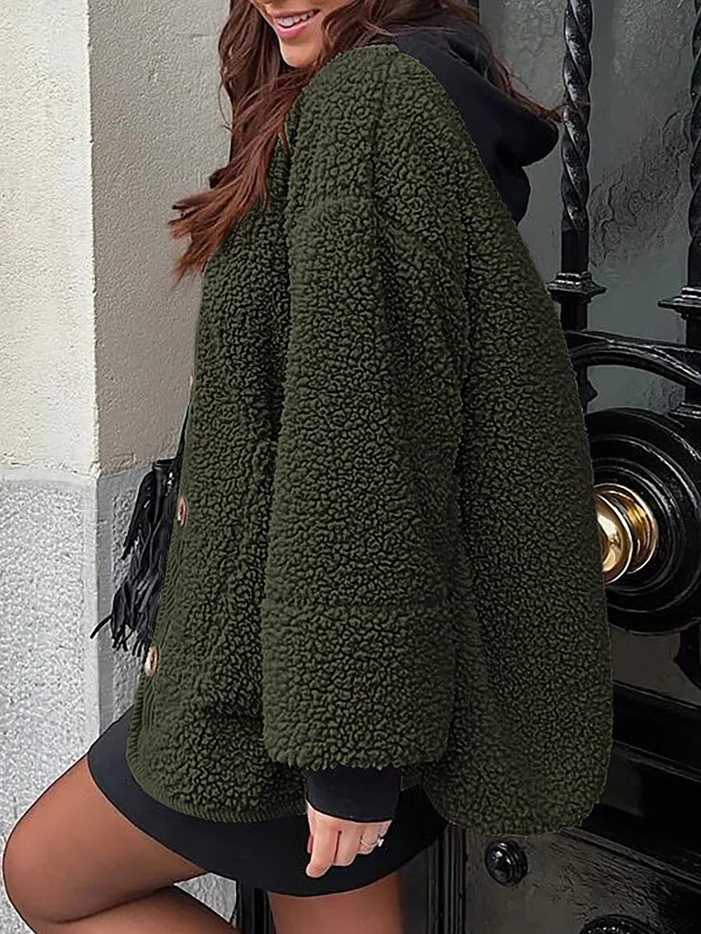 Winter coat long sleeved button down plush lambskin jacket jacket