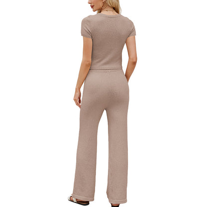 Solid color round neck short sleeved set