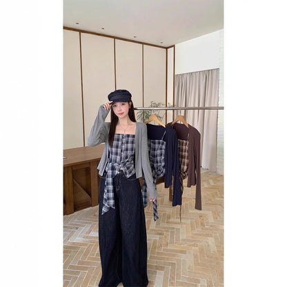 Cute and Sexy Plaid Sleeveless Cardigan Top Set for Plus-Size Women
