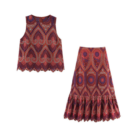 Hollow embroidery top+MIDI skirt set