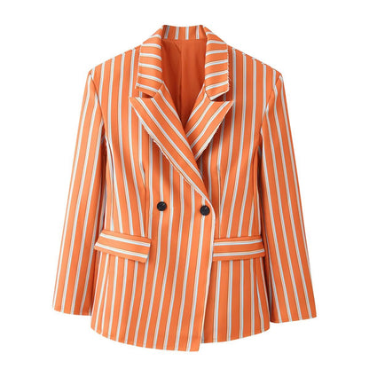 Striped fringed lapel long sleeved suit jacket