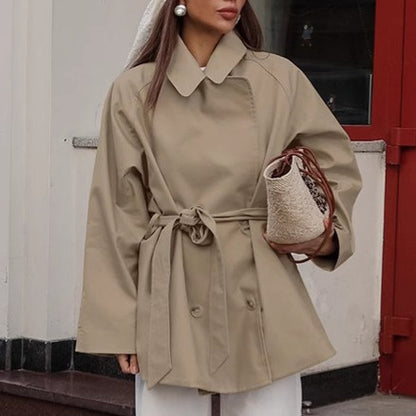 Mid to long khaki jacket with tie up autumn long sleeved jacket