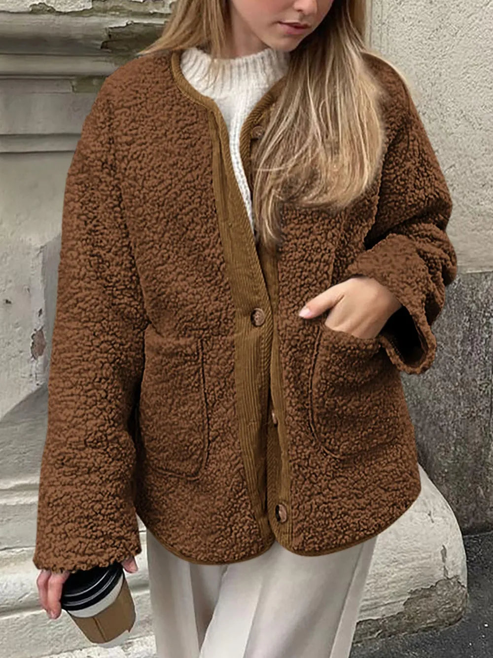 Winter coat long sleeved button down plush lambskin jacket jacket