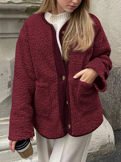 Winter coat long sleeved button down plush lambskin jacket jacket