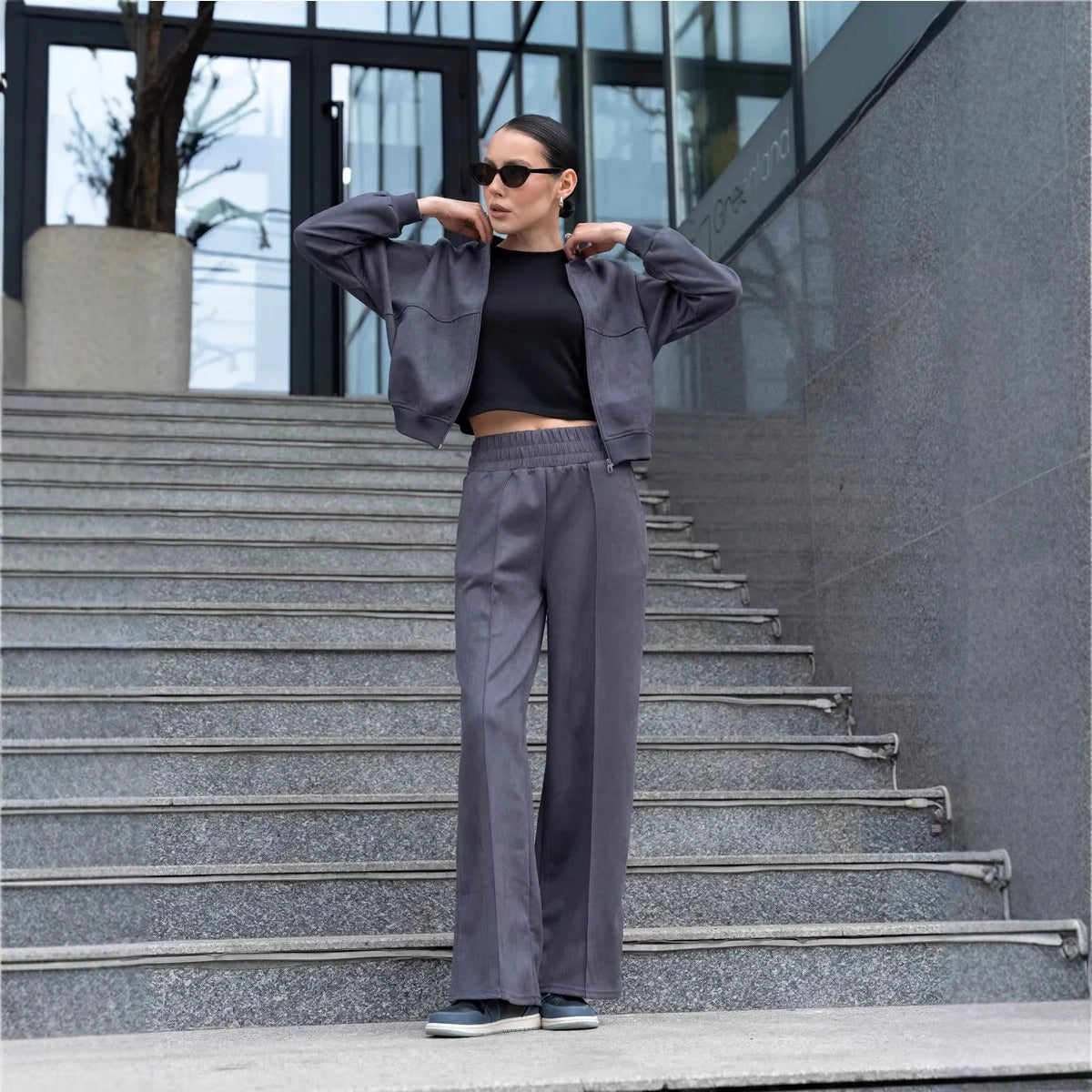 Solid color zipper hoodie elastic straight leg pants set