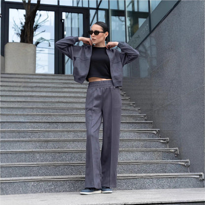 Solid color zipper hoodie elastic straight leg pants set